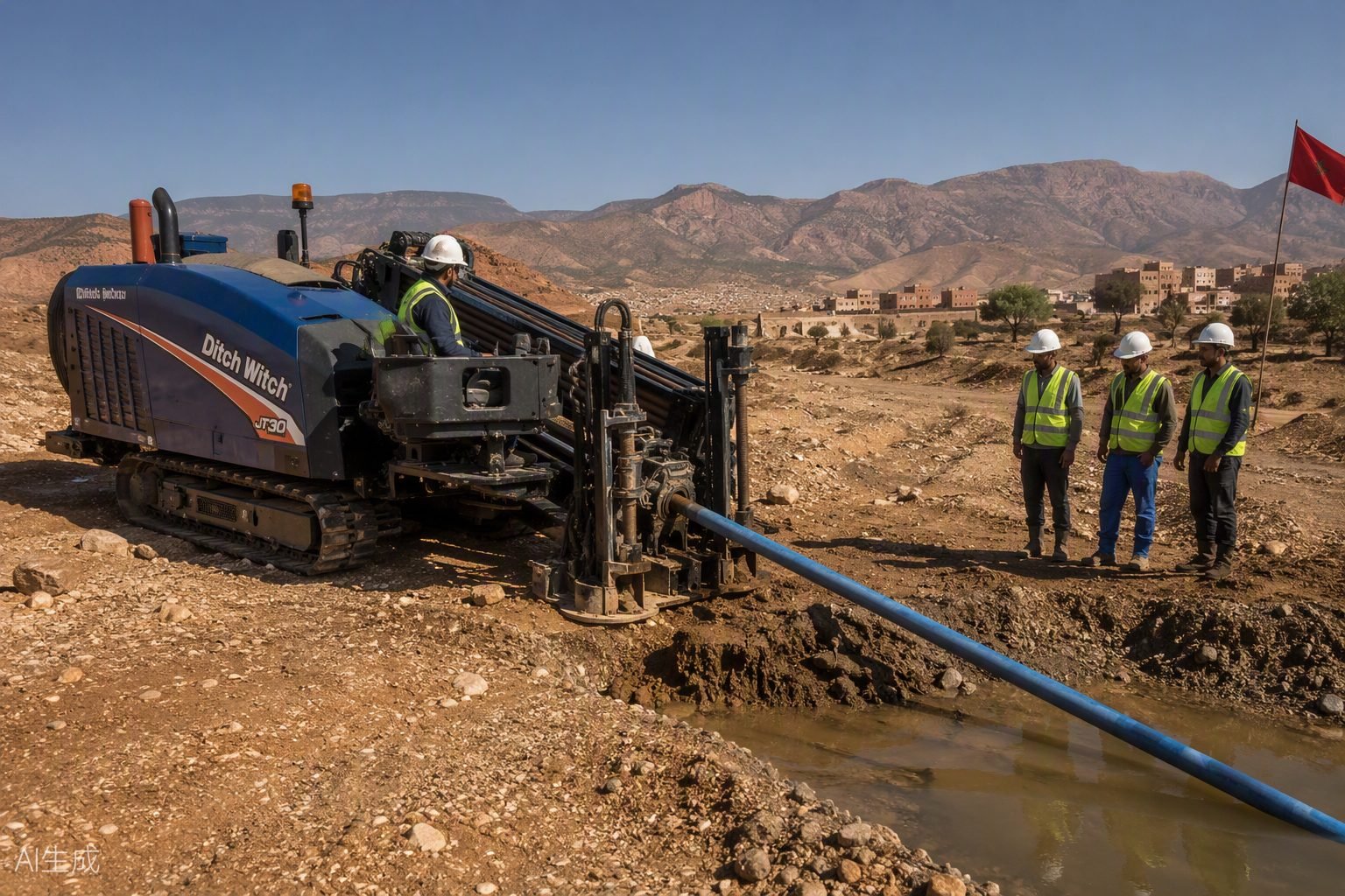 Équipe HDD Atlas Forage sur un chantier de pose de conduite d'eau